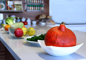 Image showing Fruit and vegetables in the well designed modern kitchen 