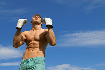 Image showing Strong man in boxing gloves. The winner.