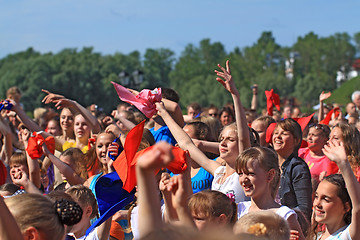 Image showing VELIKIJ NOVGOROD, RUSSIA - JUNE 10: Young girls dance on street 