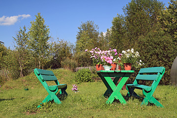 Image showing summer flowerses on garden table