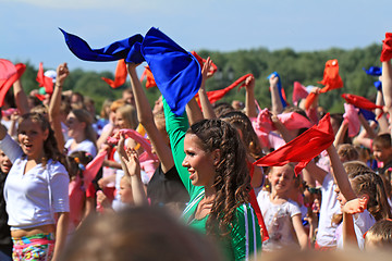 Image showing VELIKIJ NOVGOROD, RUSSIA - JUNE 10: Young girls dance on street 