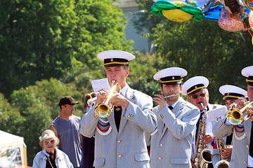 Image showing VELIKIJ NOVGOROD, RUSSIA - JUNE 10: military orchestra on street