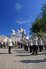 Image showing VELIKIJ NOVGOROD, RUSSIA - JUNE 10: military orchestra on street