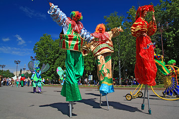 Image showing VELIKIJ NOVGOROD, RUSSIA - JUNE 10: clowns on town street at day