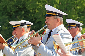 Image showing VELIKIJ NOVGOROD, RUSSIA - JUNE 10: military orchestra on street