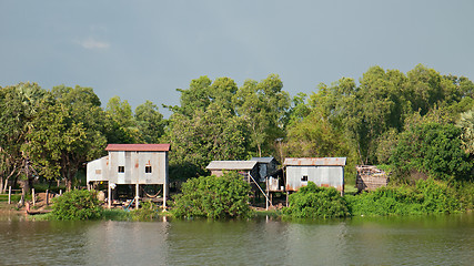 Image showing Farmhouses at river bank in Cambodia