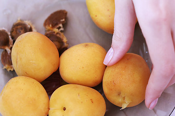 Image showing Plate with apricots.