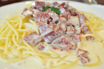 Image showing Spaghetti Carbonara and Beef Bacon