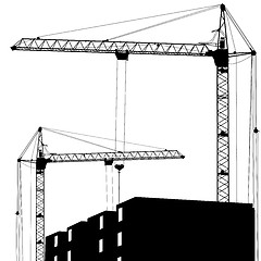 Image showing Silhouette of two cranes working on the building