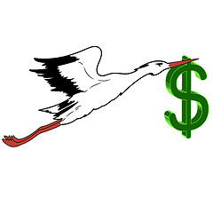 Image showing White Stork with in flight the dollar in its beak. 