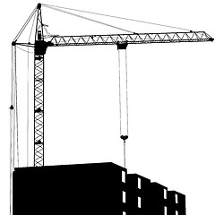 Image showing Silhouette of one cranes working on the building on a white back