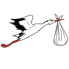 Image showing White Stork in flight delivering a newborn . 