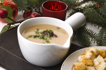 Image showing Traditional polish mushroom soup with cream and vegetables