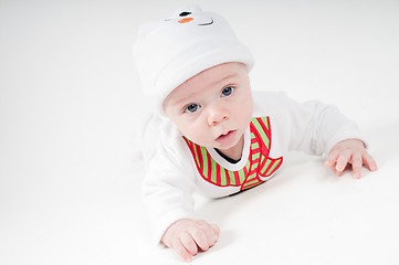 Image showing Portrait of baby in snowman costume