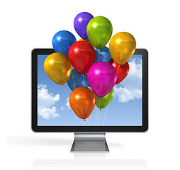 Image showing multi colored balloons in a 3D tv screen