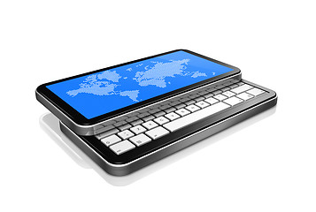 Image showing 3D mobile phone, pda isolated on white with worldmap on screen