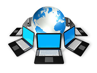 Image showing Laptop computers around a world globe