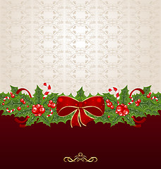 Image showing Beautiful Christmas background with mistletoe, bow and pine