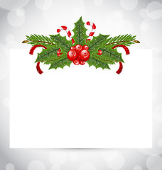 Image showing Christmas elegant card with holiday decoration (holly berry, pin