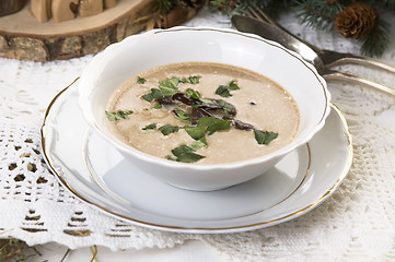 Image showing Traditional polish mushroom soup with cream and vegetables