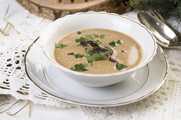 Image showing Traditional polish mushroom soup with cream and vegetables