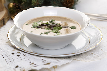 Image showing Traditional polish mushroom soup with cream and vegetables