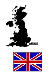 Image showing Black map of Great Britain and its flag