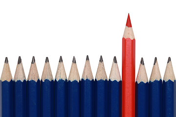 Image showing Red crayon standing out from the crowd