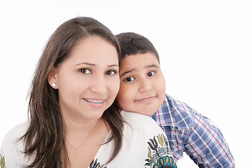 Image showing Happy mother with orthodontics and son - isolated over a white b