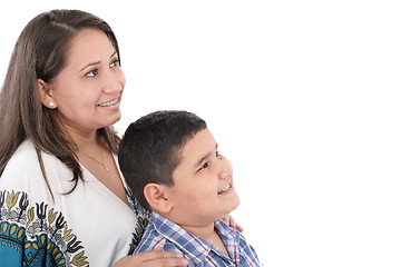 Image showing Happy mother with orthodontics and son isolated on light backgro