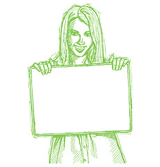 Image showing Sketch happy business woman holding blank white card