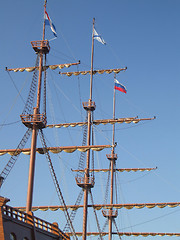 Image showing Sailing ship masts and flags