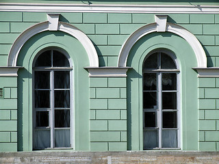 Image showing Windows on a green wall