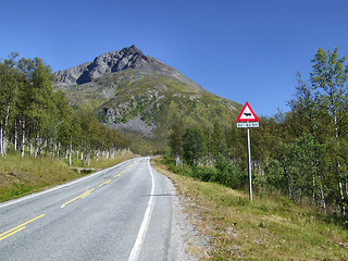 Image showing Scenic road and reindeer warning