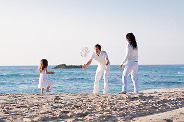 Image showing happy young family with daughter on beach in summer