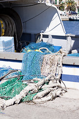 Image showing fishnet trawl rope putdoor in summer at harbour