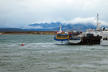 Image showing Puerto Natales harbor with mountain in the background