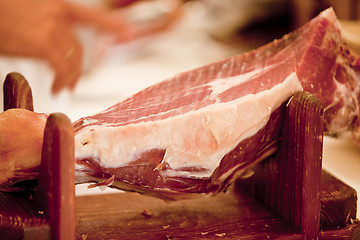 Image showing deliscious fresh parma serrano ham slices pork gourmet jamon