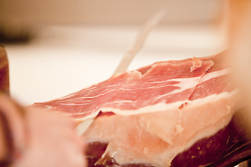 Image showing deliscious fresh parma serrano ham slices pork gourmet jamon
