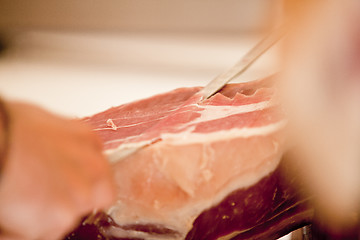 Image showing deliscious fresh parma serrano ham slices pork gourmet jamon