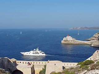 Image showing Yacht leaving Bonifacio harbor, Corsica, France