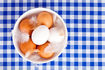 Image showing brown and white eggs, feathers in a bowl