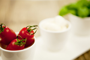 Image showing tasty tomatoes mazarella and basil on plate on table