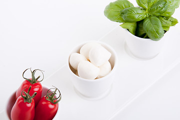 Image showing tasty tomatoe mozzarella salad with basil on white 