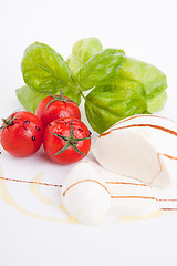 Image showing tasty tomatoe mozzarella salad with basil on white 