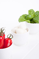 Image showing tasty tomatoe mozzarella salad with basil on white 