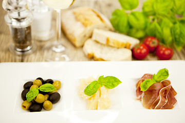 Image showing deliscious antipasti plate with parma parmesan olives 