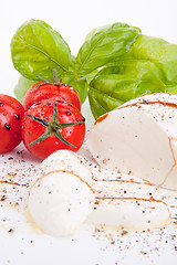 Image showing tasty tomatoe mozzarella salad with basil on white 