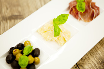 Image showing deliscious antipasti plate with parma parmesan olives 