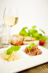 Image showing deliscious antipasti plate with parma parmesan olives 